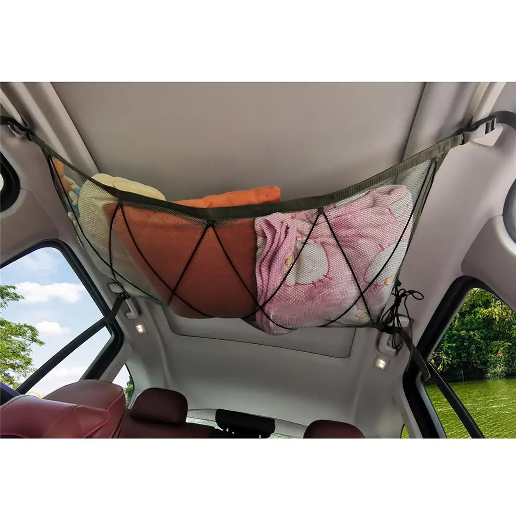 Vehicle Interior Accessories Car Ceiling Storage Net Adjustable Polyester Mesh Pouch Organizer for SUV Van Truck Roof