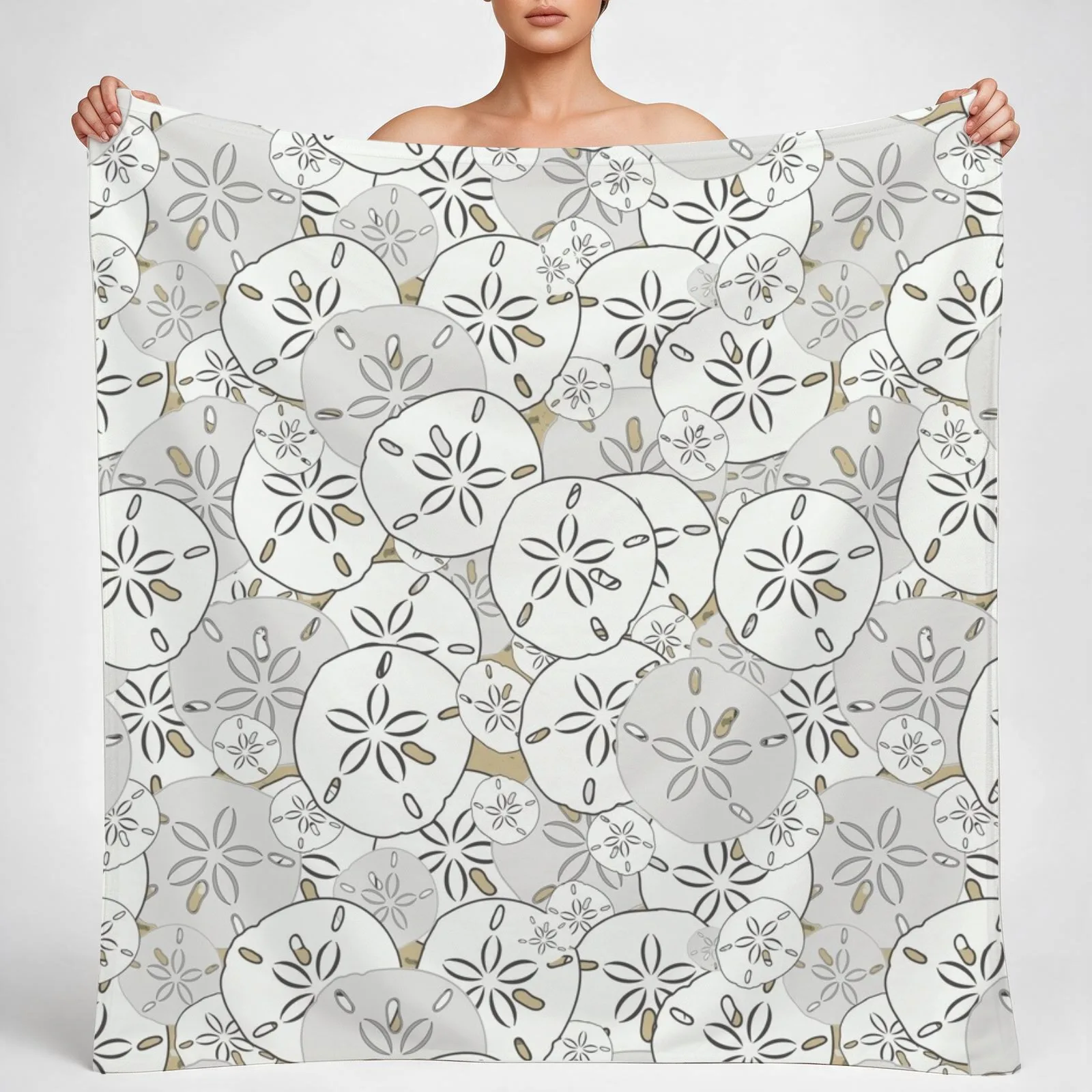 Sand Dollars - White/Gray on Tan Background Throw Blanket couch cozy soft plush fuzzy picnic outdoor blanket