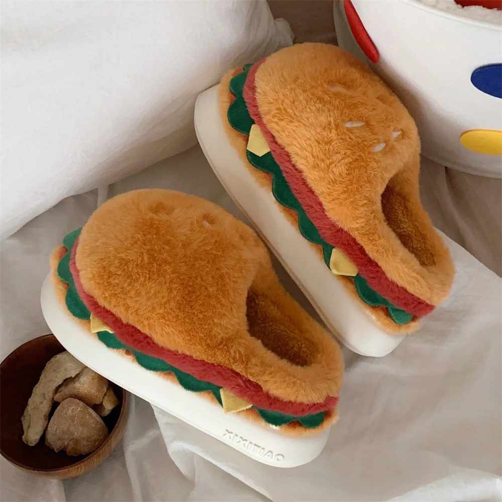 Women Winter Warm Slippers Cute Cartoon Hamburger Home Floor Platform Shoes Thick Sole Soft Plush Girls Indoor Fluffy Slipper