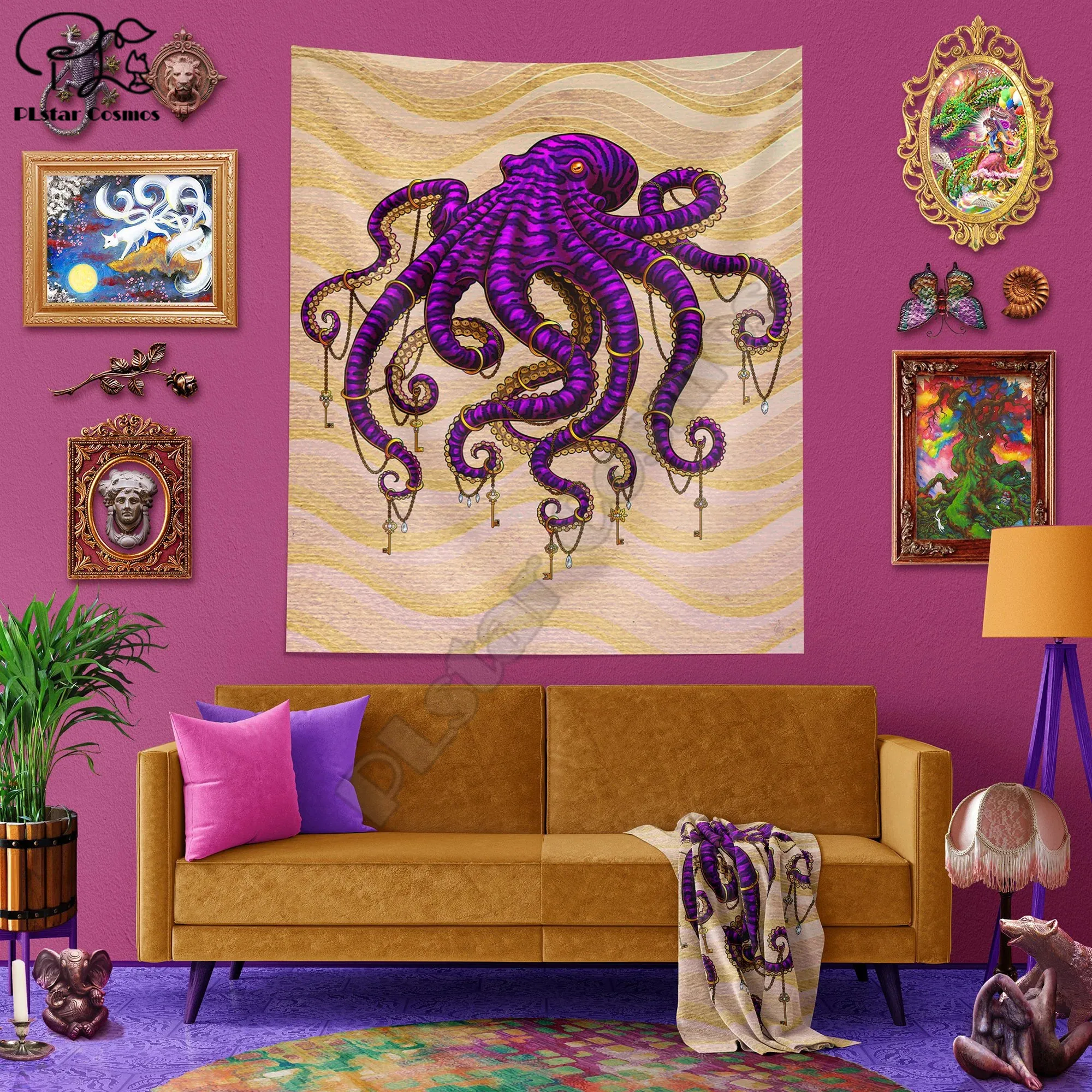 Beach Tapestry, Octopus Wall Hanging, Ocean and Coastal Home Decor, Art Print, Eclectic and Funky - Purple & Sand