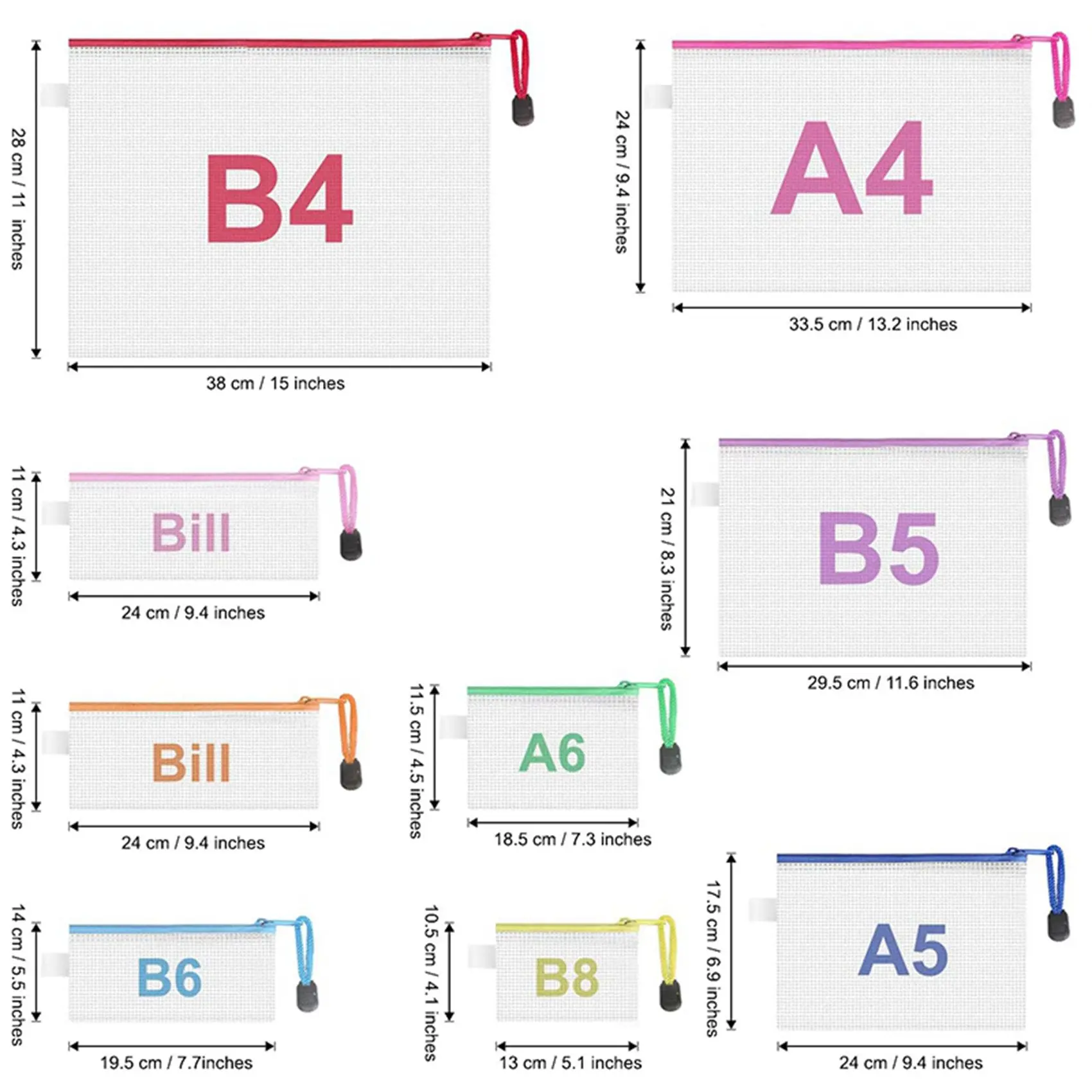 Confezione da 36 buste in rete con cerniera da 8 dimensioni, borse per documenti con cerniera impermeabili, buste per documenti, borse da viaggio multiuso (9 colori)