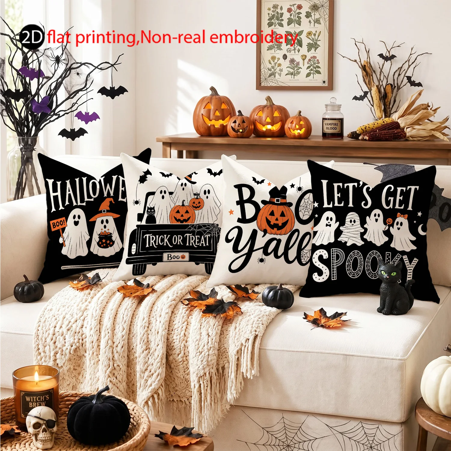 4 Piece Halloween Throw Pillow Covers Set Spooky Ghost Pumpkin Boho BOO YALL Print Pillow Cases for Fall Autumn Home Decor