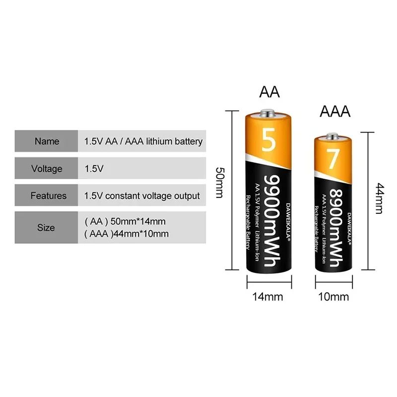 1.5V AA AAA Battery 9900mWh Rechargeable Lithium-ion Battery AA AAA Battery for remote control mouse small fan Electric toy