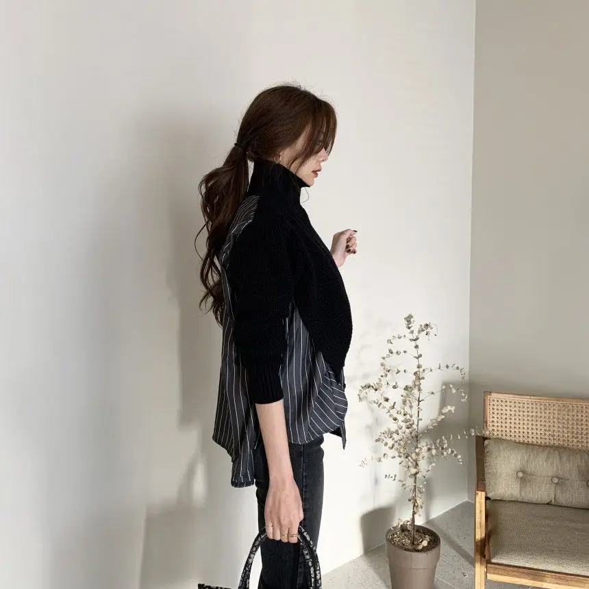 Fashionable Casual Outerwear American Niche Design Sense High Neck Chic Striped Fake Two-piece Shirt Sweater Shawl for Women