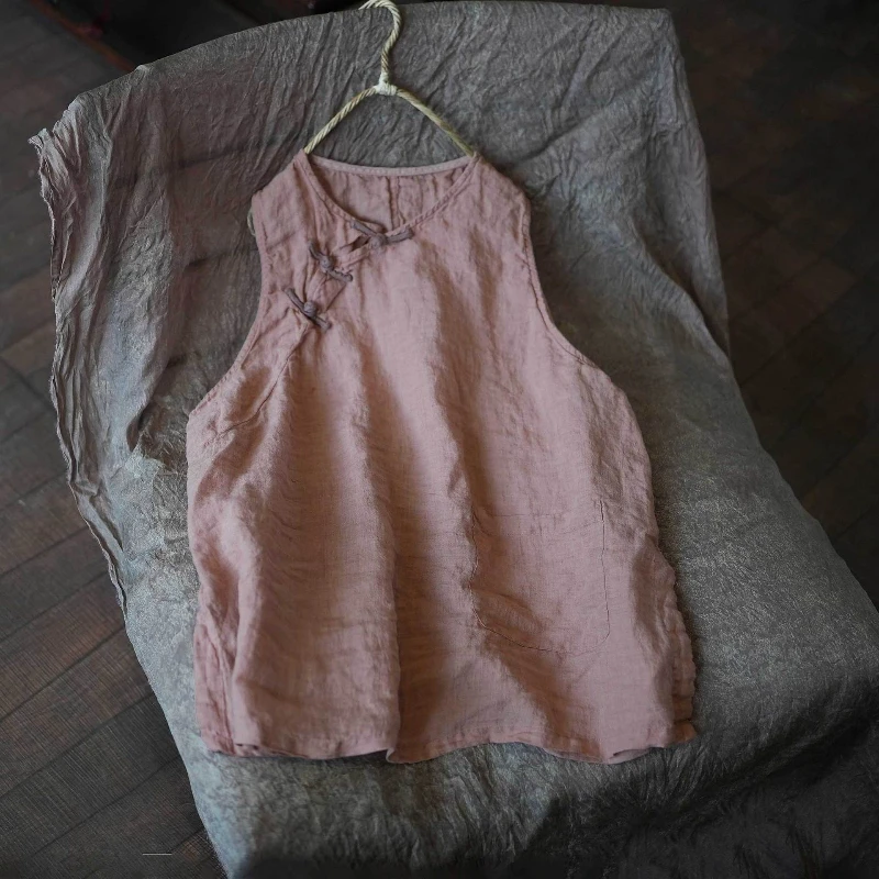 Women Chinese Style Stand Tank Tee Sleeveless Chinese Button Vintage Natural Fabric 2026 New Arrival Women Vintage Tank Tops