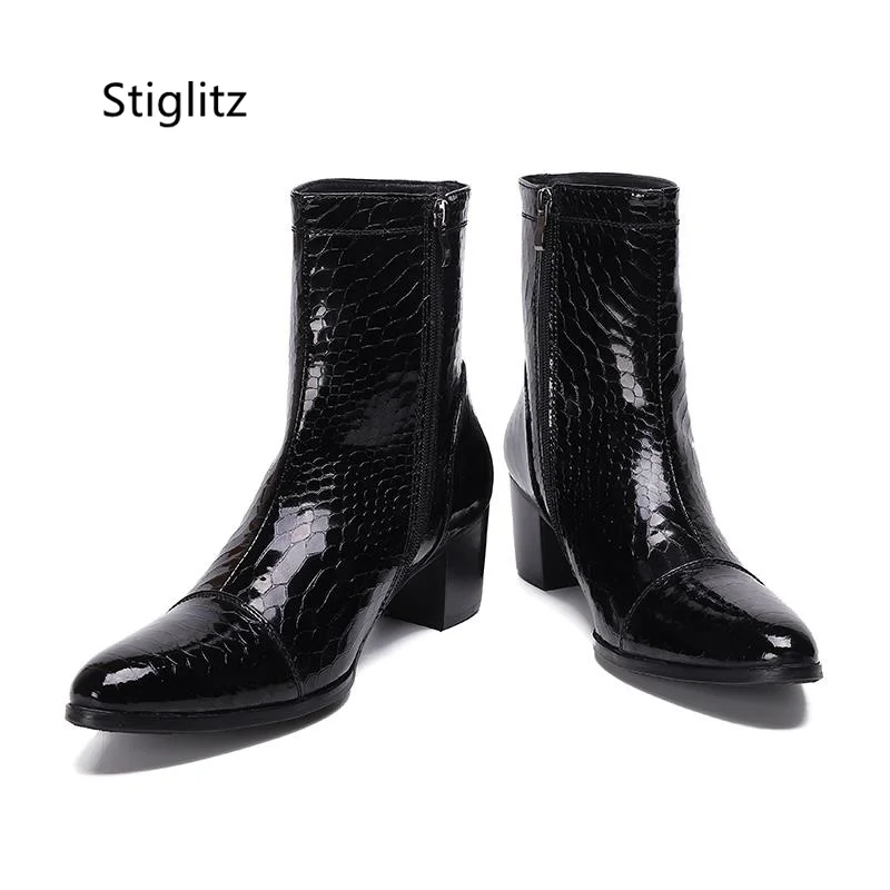 

Retro Snake Pattern High Heels Men's Boots Pointed Toe Side Zipper Stylish High Top Boots Leather Male Shoes Wear-Resistant