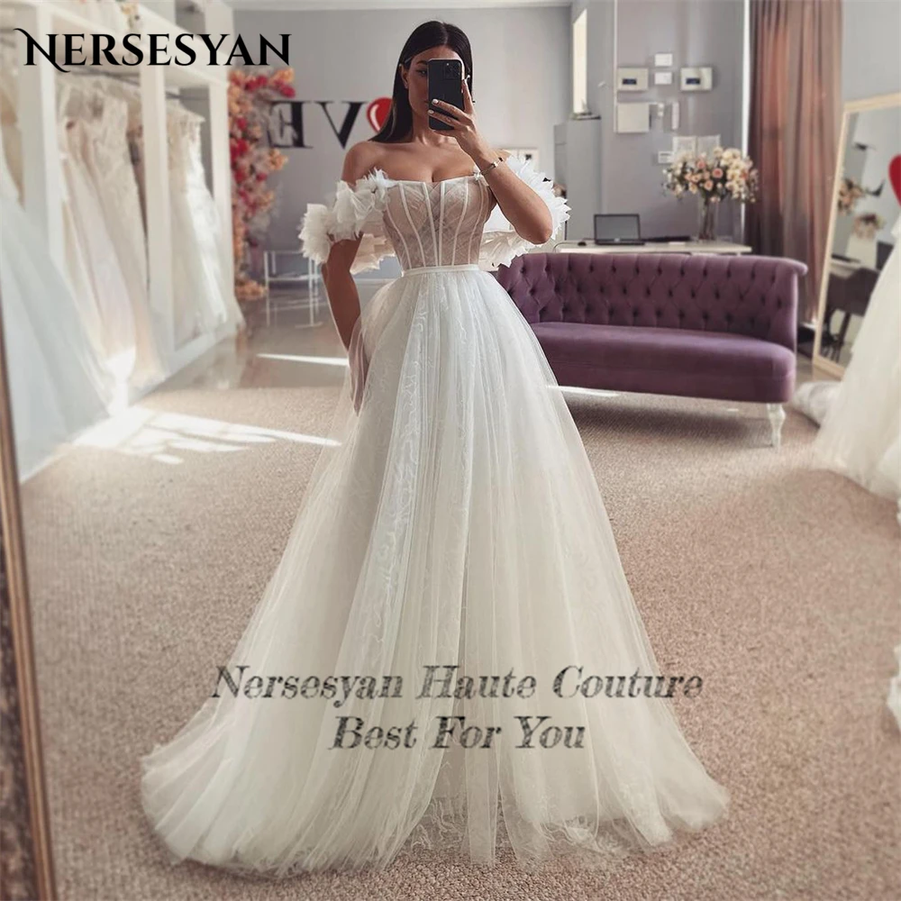 Nersesyan Boho Lace Wedding Dresses Ruched Flowers Off Shoulder A-Line Bridal Gowns Backless Brush Train Princess Bride Dress