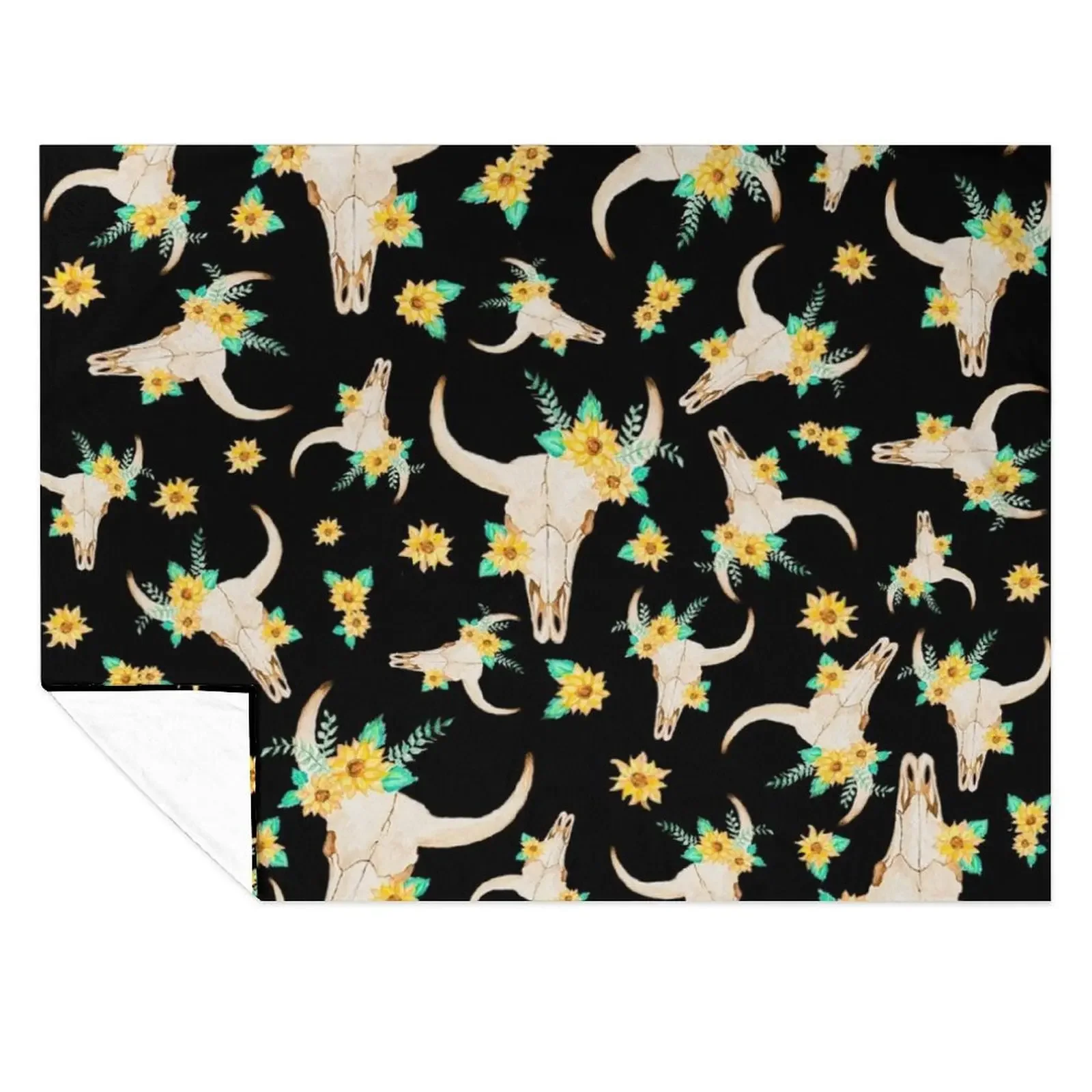 

Sunflower Bull Skull (Black) Throw Blanket Hairy Sofa Moving Shaggy Blankets