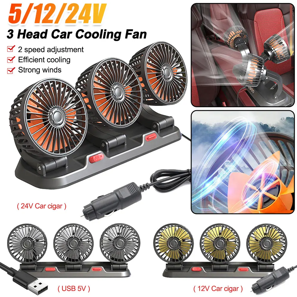 

Car Cooling Fan 360° Adjustable 3 Head Car Fan 5V/12V/24V Brushless Low Noise Automotive Electric Fan for Dashboard RV Truck