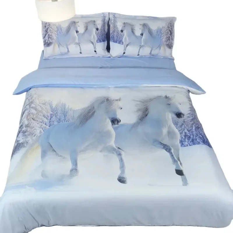 

JF218 horses runs in snow printed bedding sets HD Digital duvet cover quilt comforter bed sheet set