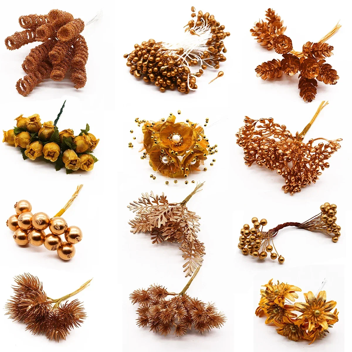 6/10/12/20/24/200pcs Gold Mixed Hybrid Flower Cherry Stamen Berries Bundle DIY Cake Christmas Wedding Gift Box Wreaths Decor