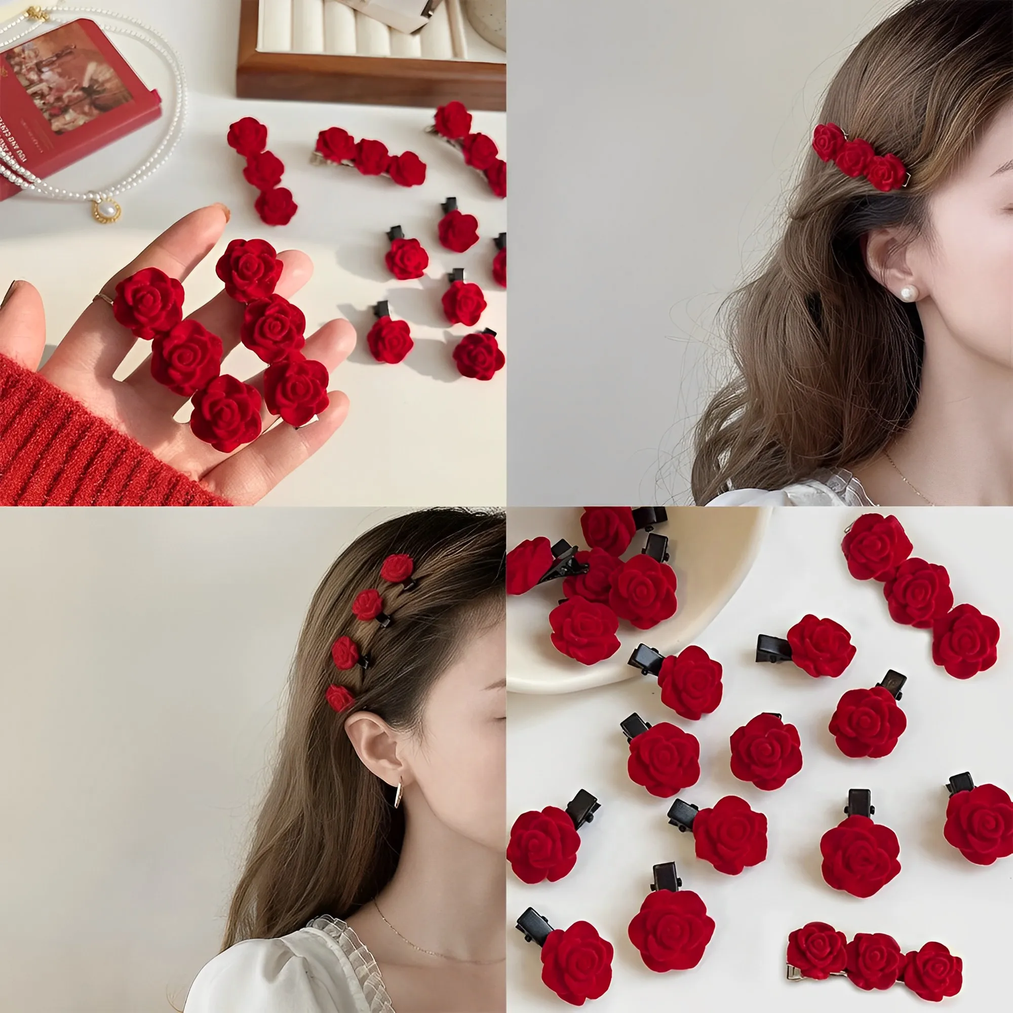 

10Pcs Red Velvet Rose Hair Clips for Women Girls Retro Flower Hairpins Elegant Hair Clip Pin Barrettes Wedding Hair Accessories