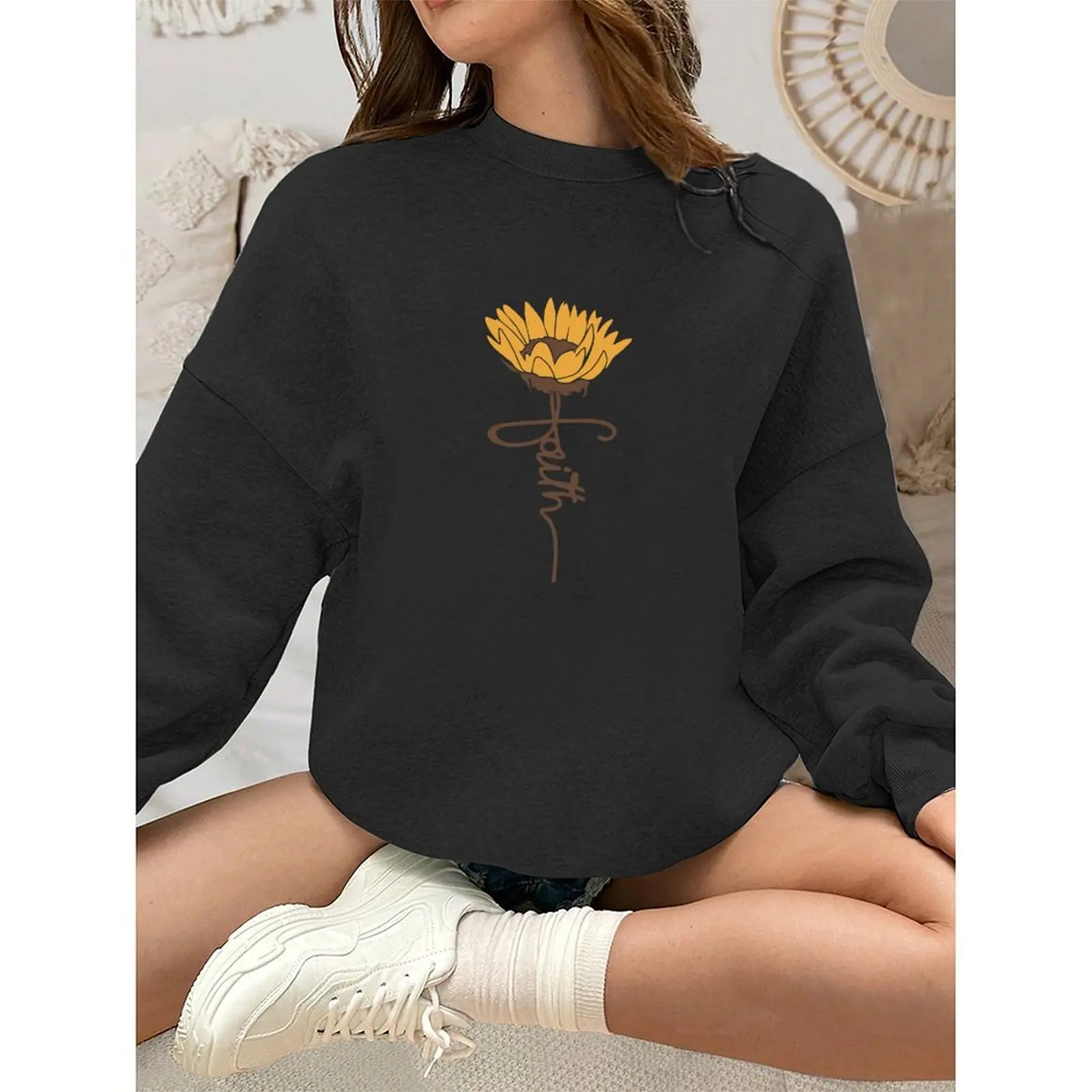 

Pullovers O-Neck Sweatshirts For Woman Long-sleeve Velvet Winter Casual Positive Interesting Sunflower Print Sweatshirt
