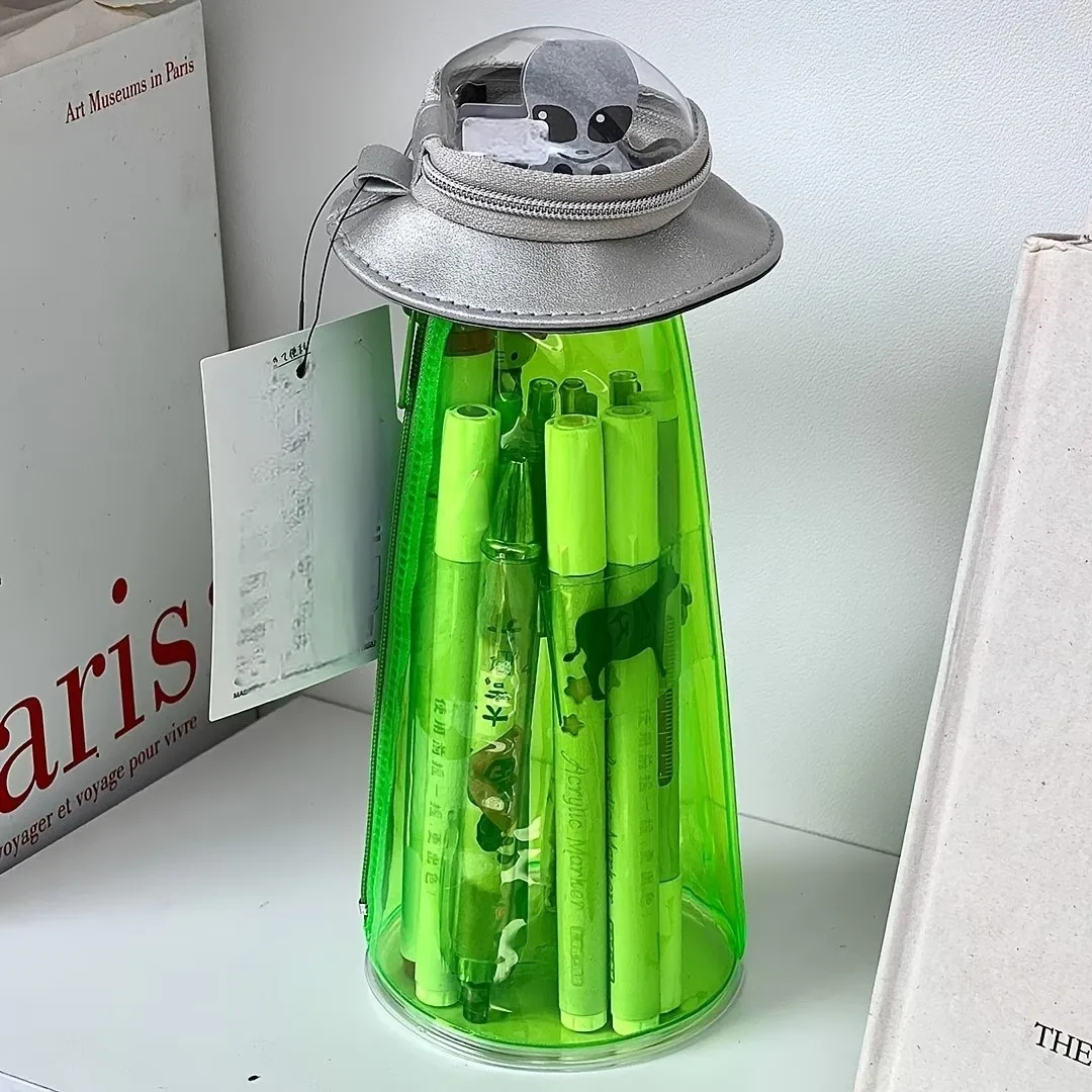 Green Transparent Ufo-Shaped Large-Capacity Pencil Case, Creative Space Capsule 3D Design, Double-Layer Zippered Storage Compartments, Upper Layer Transparent Display Compartment for Small Items, Lower Layer Elevated Cylindrical Stationery Storage Bag, Dust-Proof and Portable, Suitable for Study and Office Use, Journal Organization, Travel Carrying, Desktop Storage, Unique Decoration, Novel, Trendy, Practical Stationery Box Gift, a Must-Have for Back-To-School Season
