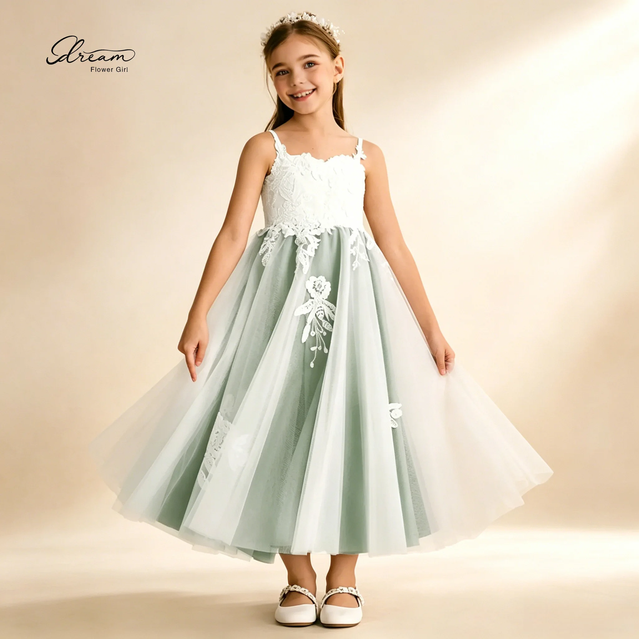 

Elegant White & Green Color-Block Sleeveless Chiffon Floor-Length Ball Gown Girls' Party Dress Featuring Embroidered Lace