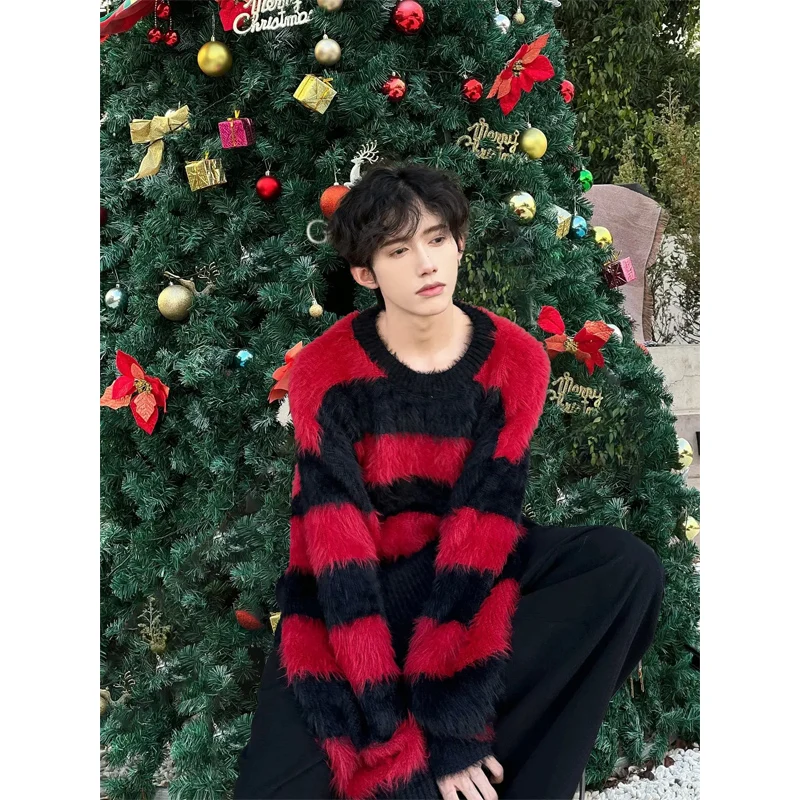 

Мужской вязаный свитер Cisas Aosphere оверсайз, зимнее пальто, красно-черные полосы, повседневный, в американском стиле