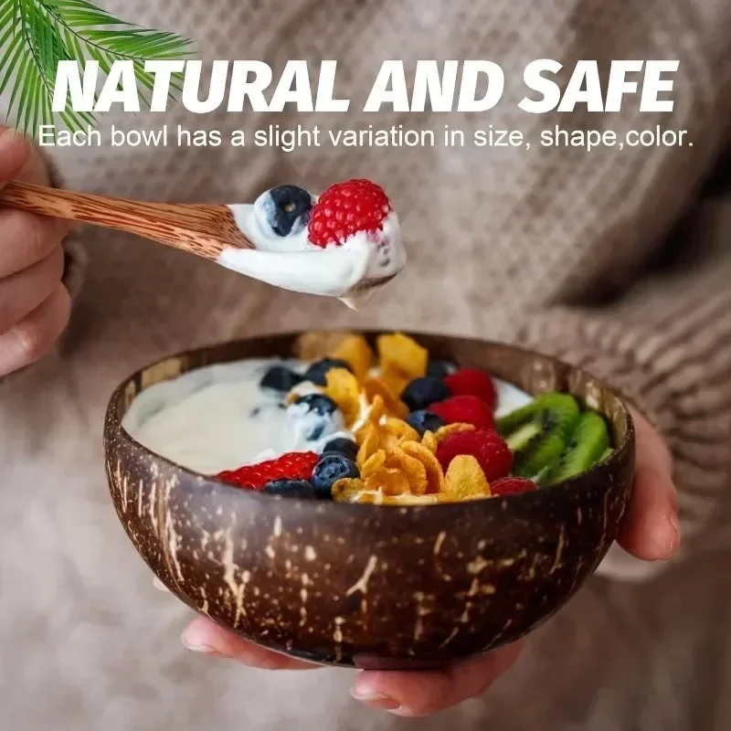 S/M/L Natural Coconut Bowls Reusable Wooden Tableware with Spoon Dessert Fruit Salad Yogurt Coconut Bowl Home Kitchen Supplies