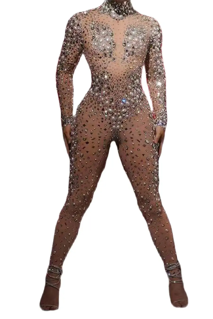 

Rhinestone Pearls Sequins Stunning Gogo Women Jumpsuits Stretch Fabric Nude Drag Queen Outfit Pole Dance Exotic Wear Rave Romper