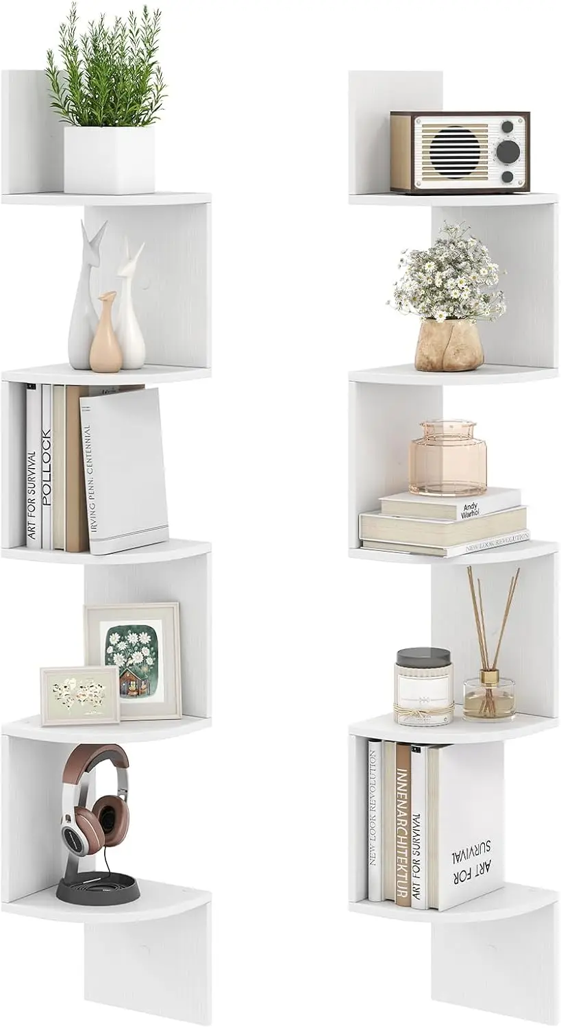 

5-Tier Floating Corner Shelf Set of 2, White Wall Mounted Storage Organizer for Living Room, Bedroom, Kitchen