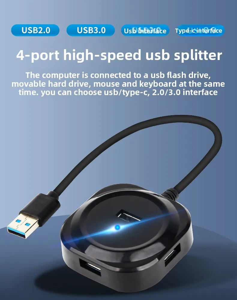 4-Port USB 2.0 Hub, Runde Form USB-Verteiler Eins zu Vier, Typ-C zu USB-Hub Hochgeschwindigkeits-Expander für Laptop PC – Detail 1