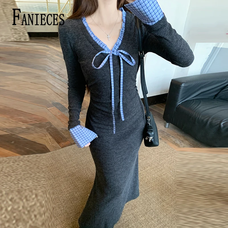 Minimalist French Miu Style Women Dresses Spring Long Sleeve O Neck Bow Tie Patchwork Maxi Dress Elegant Solid Grey Slim Dress