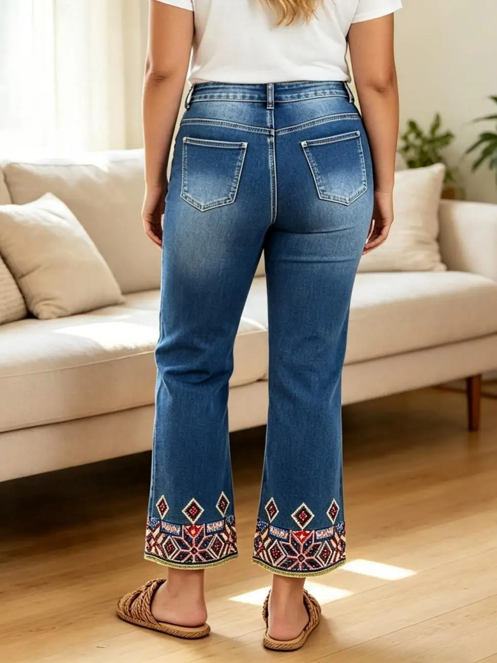 【HME】Jeans | High-Waist Flared Ankle Denim Pants, Ladies Boho Style Denim Jeans With Colorful Tribal Embroidery At Cuffs, Gradient Blue Wash & Frayed Hem, Figure-Flattering Casual Pants For Travel And Street Outfits