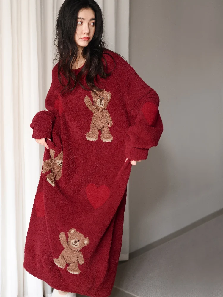 red-coral-fce-spwear-women's-f-velvet-warm-bear-mid-length-nightgown-wedding-home-clothes-polyester-fiber-long-sve