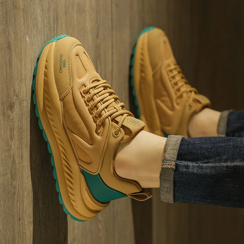 

Men's Leather Surface Anti-Slip Sports Casual Shoes Fashionable Dad Sneakers Spring Autumn Seasonal Wear Resistant Thick Bottom