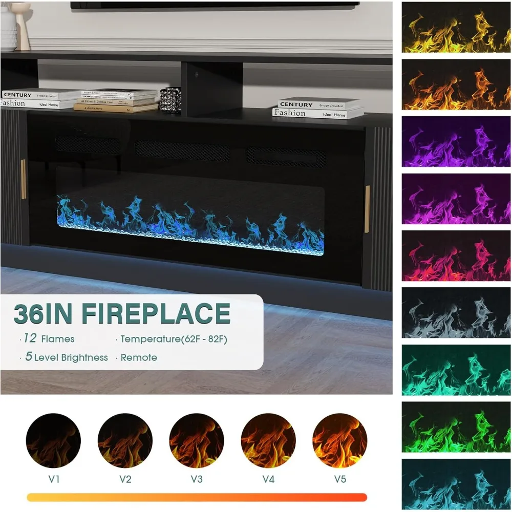 حامل تلفزيون 70 بوصة مع مدفأة كهربائية مقاس 36 بوصة - مركز ترفيه أسود عالي 23 بوصة، ضوء LED قابل للتغيير، مخرج طاقة