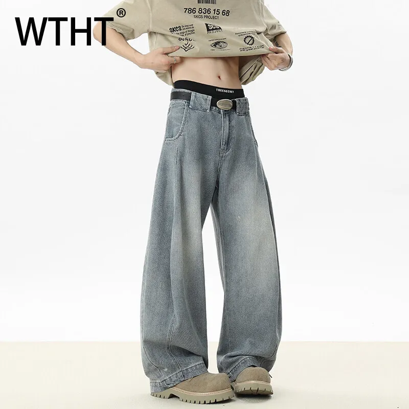 WTHT Vintage 2025, Sommer männer Gradienten Gerade Lose Denim Hosen Mode Neue Casual Hohe taille Breite Bein Jeans männlichen 2A0949