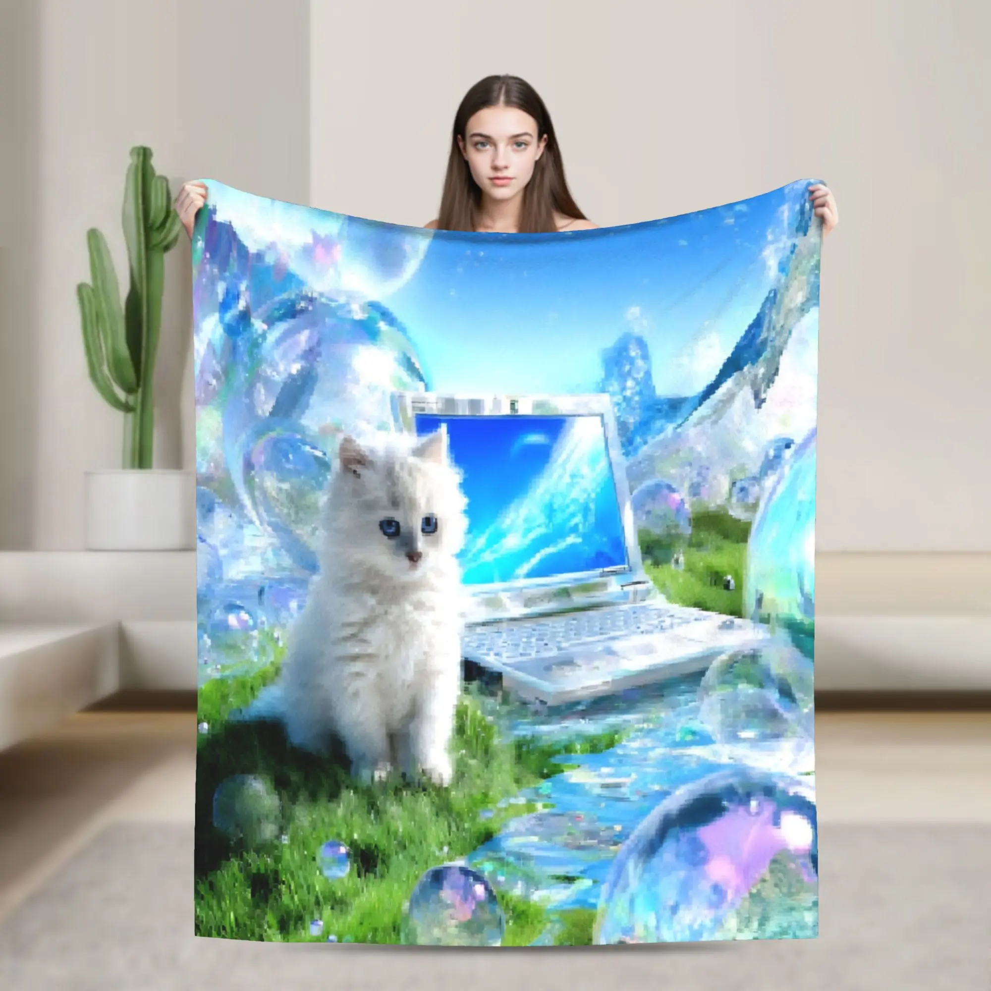 Computer Cat Frutiger Aero Blankets Fleece  Warm Throw Blankets for Outdoor Travel Bed Rug