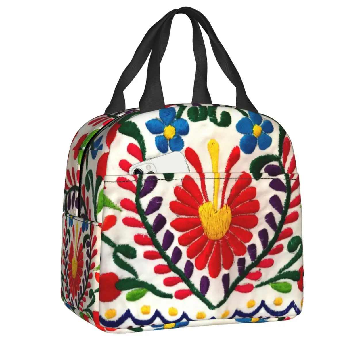 Custom Mexican Butterflies Flower Otomi Embroidery Pattern Portable Lunch Box Women Thermal Cooler Food Insulated Lunch Bag