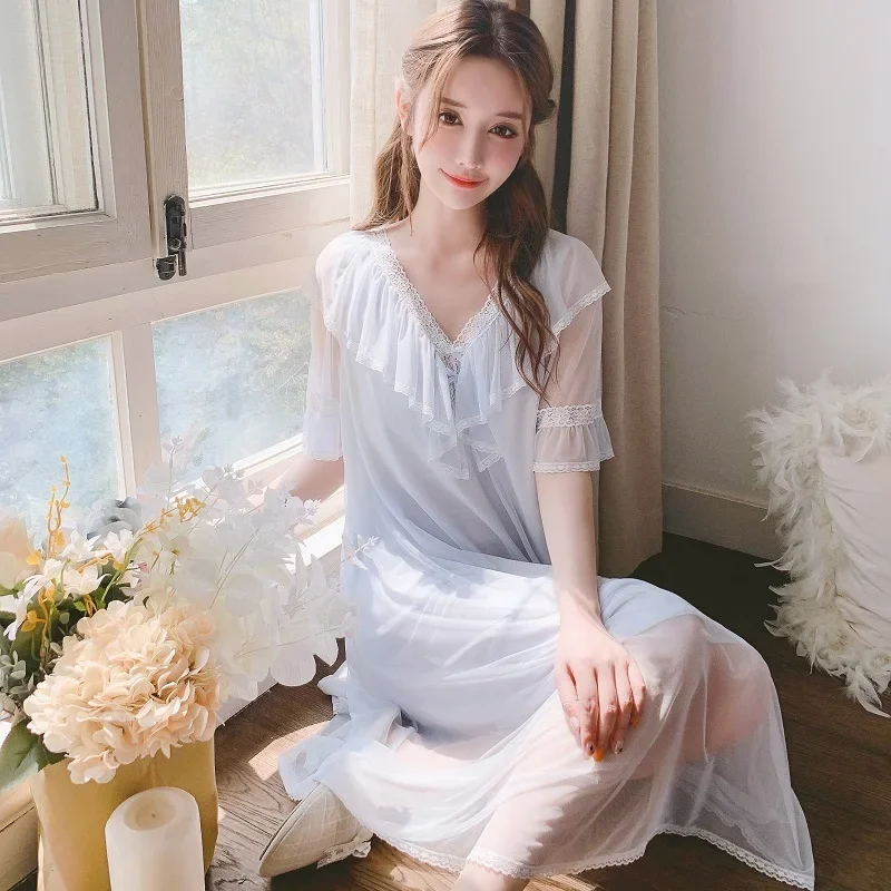 Vintage Luxury Modal Gauze Women\'s Long Sleepwear Soft Lace Elegant Dress Spring Autumn Summer Loose Nighty Clearance