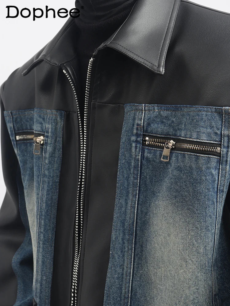 

Retro Leather Splicing Denim Jackets Men's 2025 Spring and Autumn New Niche Korean Version Short Style Faux Zipper Jacket Tops