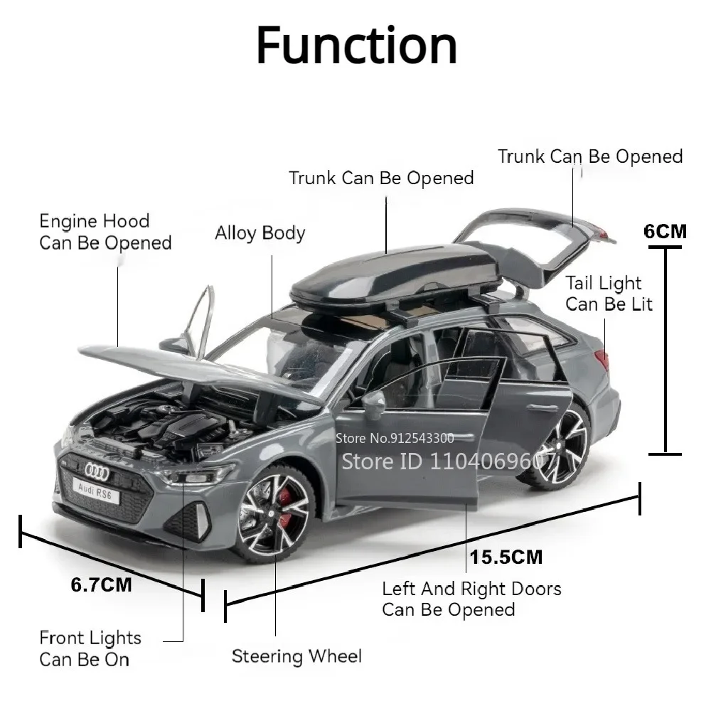 1/32 RS6 Car Model Toy Alloy Diecast Simulation with Shock Absorption Sound Light Door Opened Vehicle Model Birthday Kids Gifts