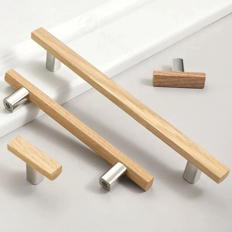 Japanese Simple T-Shaped Log Wardrobe Handle Wooden Furniture Drawer Bedside Table Cabinet Door Knob Natural Wood Style