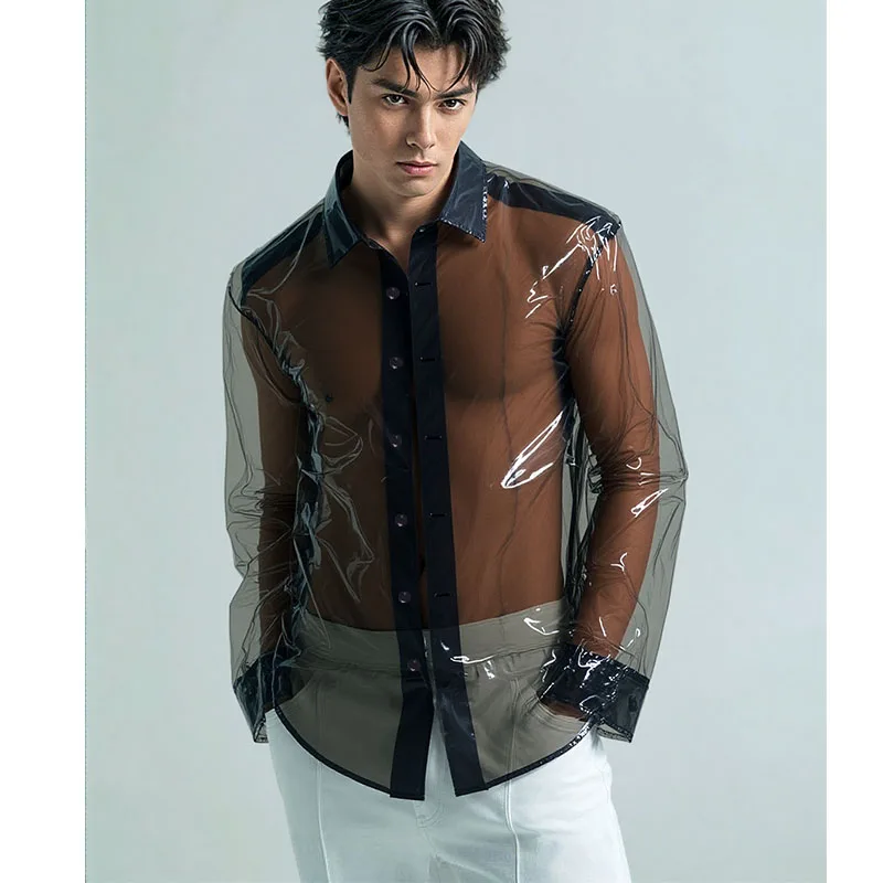 Men Sexy Gloss Transparent Plastic Shirt Women TPU See Through Wateproof Long Sleeve Couple Erotic Tops Private Party Clubwear