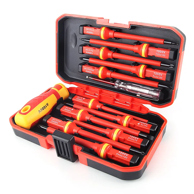 Electrician Repair Tools Kit Hand Tool Sets 13pcs 1000V Changeable Insulated Screwdrivers Set with Magnetic Slotted Bits
