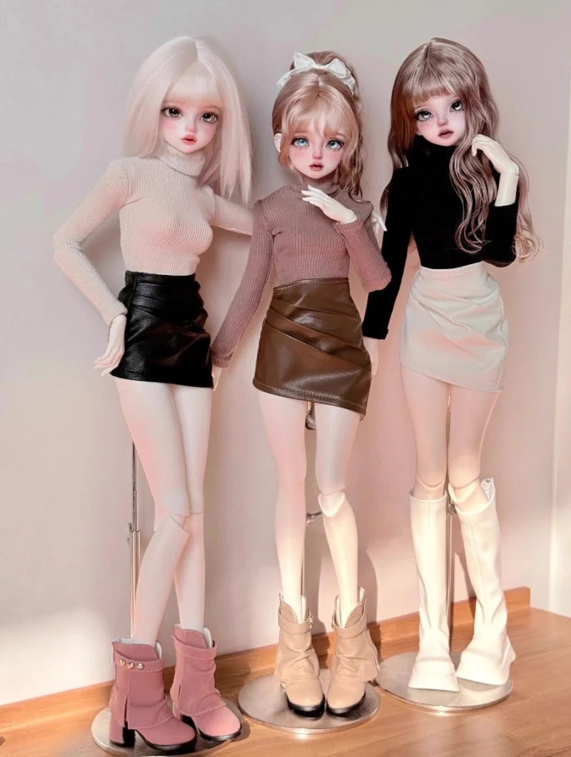 Bjd doll clothes suitable for 1/4 size sexy high neck long sleeve top + pleated hip leather skirt set doll accessories