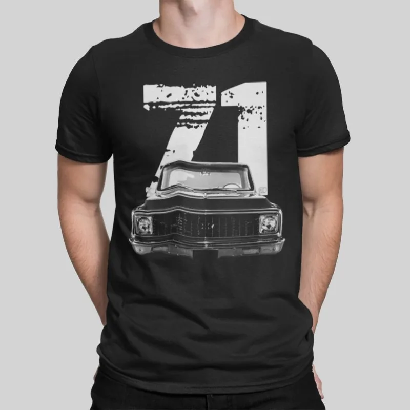 1971 Chevy C10 Front Grill View Silhouette With White Year T Shirt 2024 Men T Shirt Casual  Car fans Logo Enthusiast T-shirt Gra