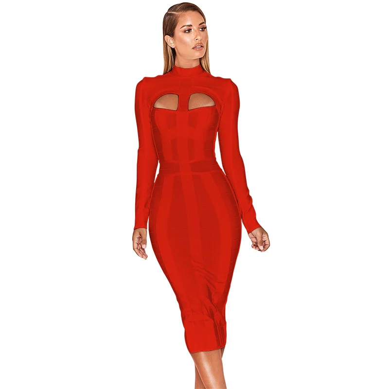 HQBORY Winter Long Sleeves sexy  Hollow Out Knitted Bandage Dress mid-length Women Hole Cut Out Black Bodycon Vestidos Red XL