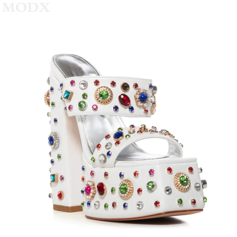 Runway New Gemstone Platform Chunky Heel Women's Sandals Colorful Rhinestone Decorated Super High Heel Slippers Nightclub Shoes