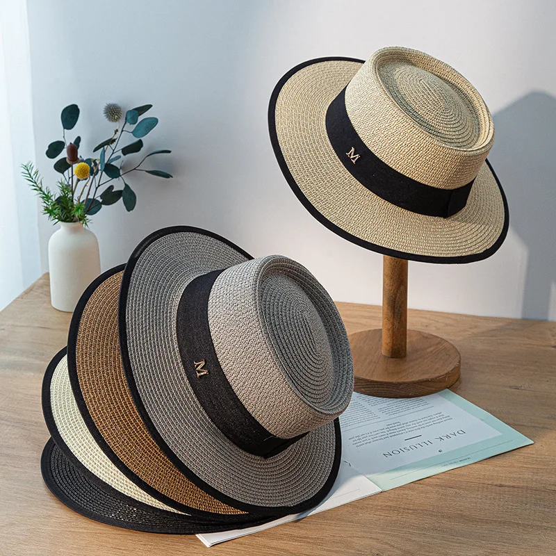 New Retro Summer Sun Hat letter M Straw Hat Visor Temperament Flat Panama Hats Women\'s Sea Beach Vacation Leisure Sunscreen Hat