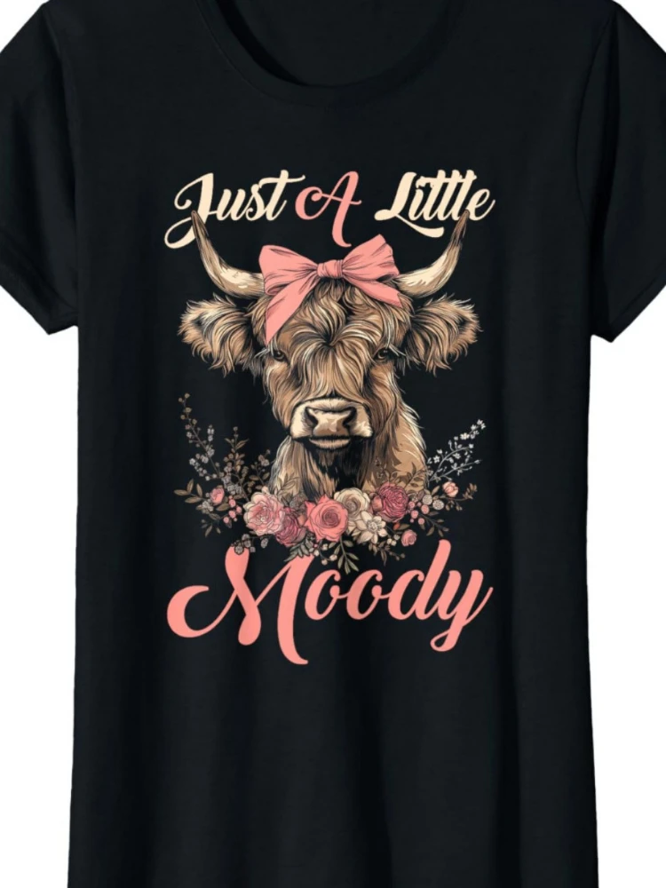 

Highland Cow“Just A Little Moody ",black with pink floral patterns, funny farm farmers design cotton short-sleeved T-shirts.