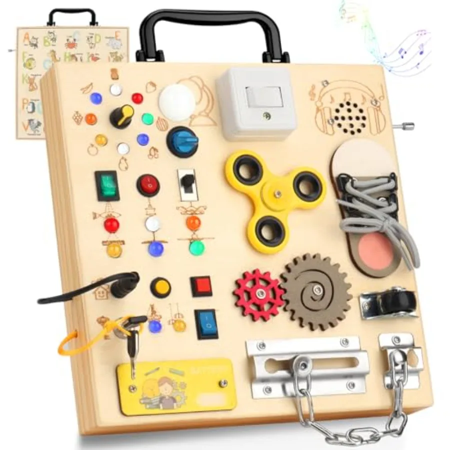

Wooden Busy Board with LED Light Montessori Baby Learning Toys for Toddlers Sensory Activity Board Travel Educational Toy Boy a