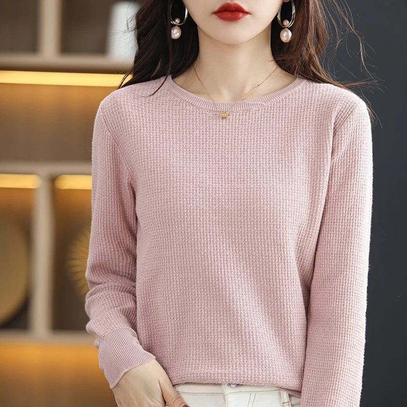 Autumn Winter Women\'s 100% Cotton Soft Sweater O-Neck Pullover Cstereoscopic Bulge Pattern Casual Knitted Bottoming Warm Sweater