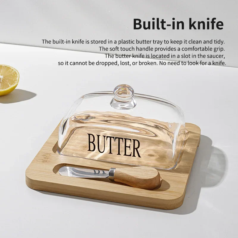 New Wood Butter Dish with Glass Lid and Knife,Cheesecake Dessert Storage Plate,Kitchen Countertop Dish,Butter Cheese Container