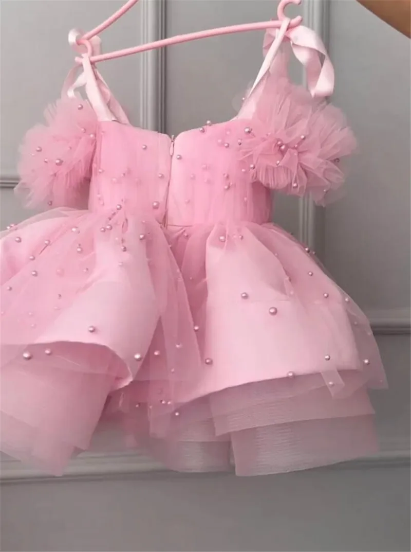 Adorable Pink Baby Girl's 1st Birthday Outfit with Pearls Fluffy Skirt Princess Christmas Dress First Communion Gown