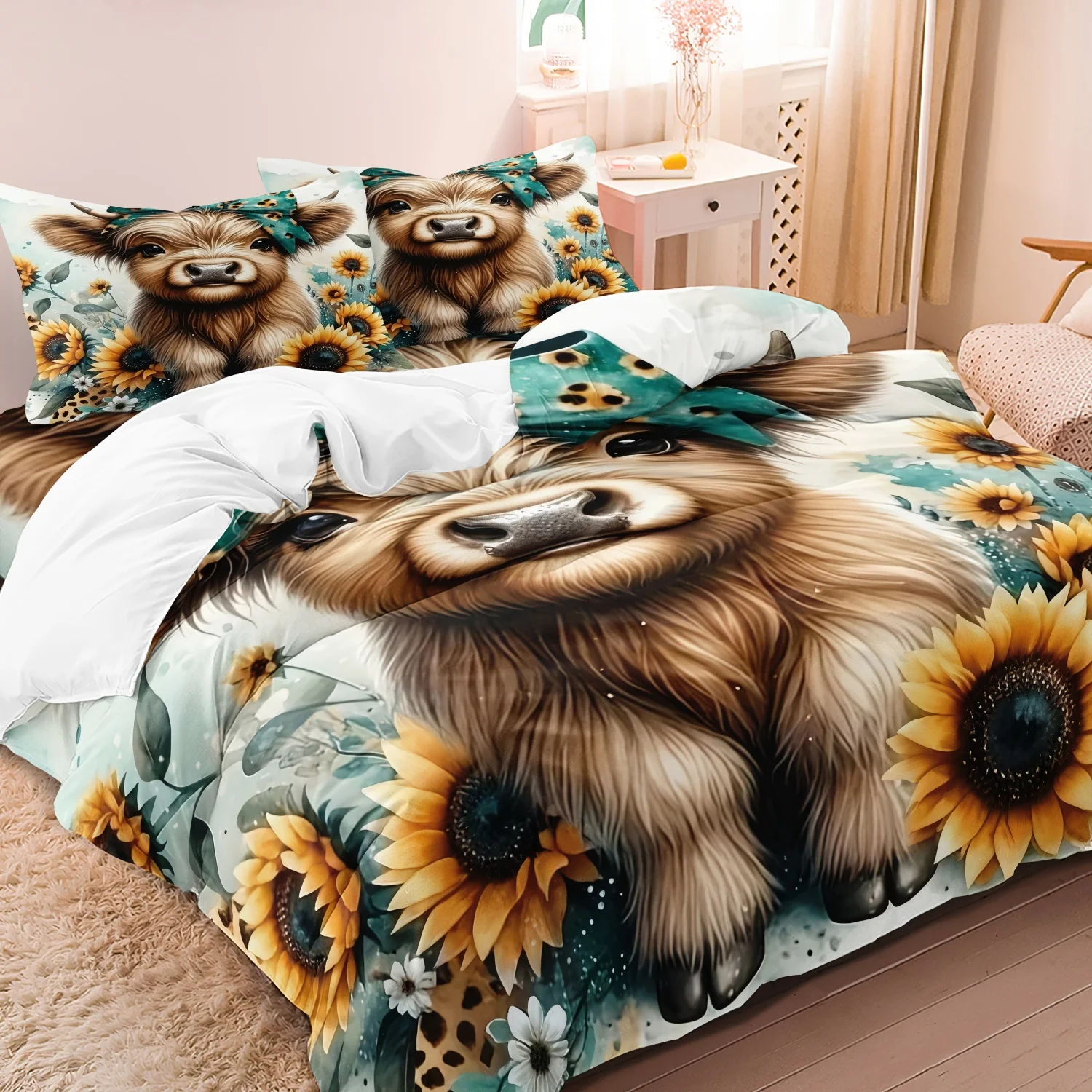 3pcs Set Farm Animal Highland Cow Sunflower Floral Print Duvet Cover Set, Bedroom Hotel Inn School Dormitory