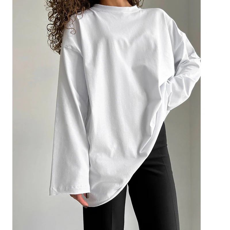 

2025 Women Spring Oversize Loose Style Cotton T Shirts O-Neck Long Sleeve Black White Color Tees Summer Tops For Women Clothes